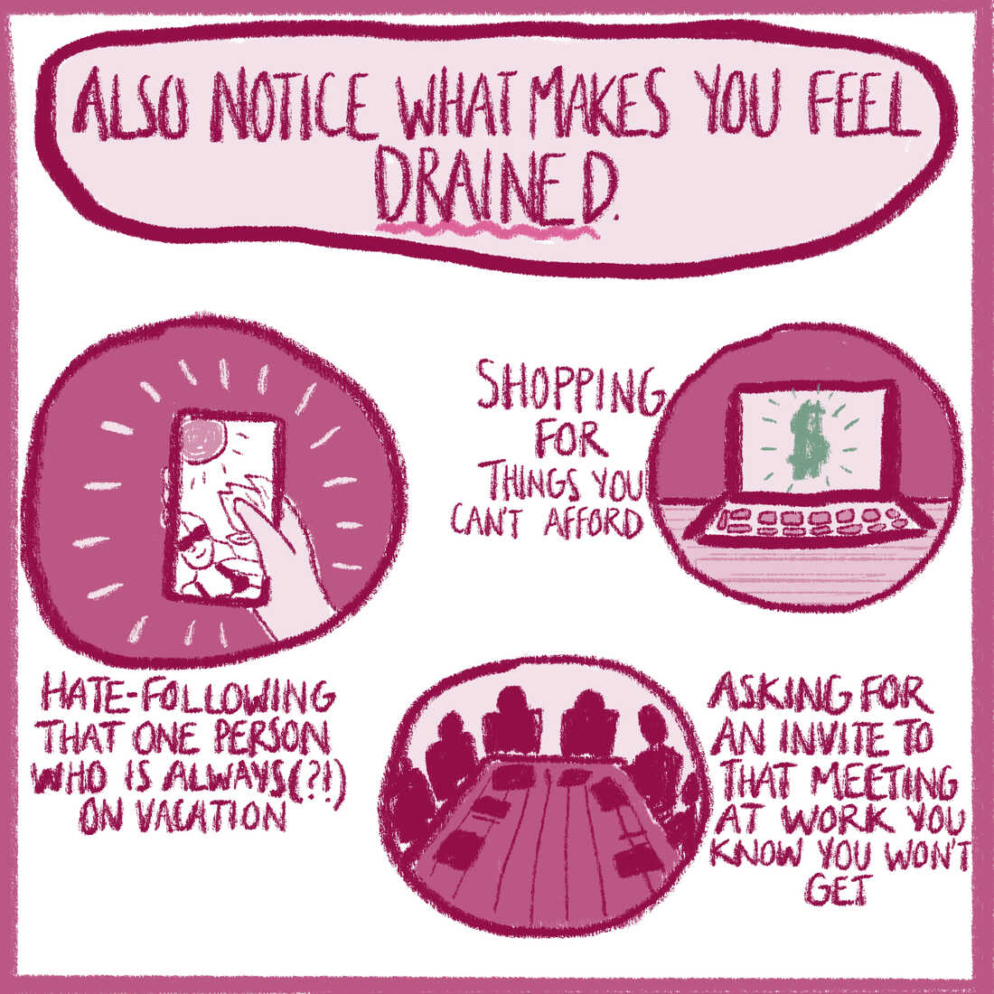 Image of a phone screen with a photo of someone on vacation, image of a computer, image of a table at an office. Text reads: "Also notice what makes you feel drained."
