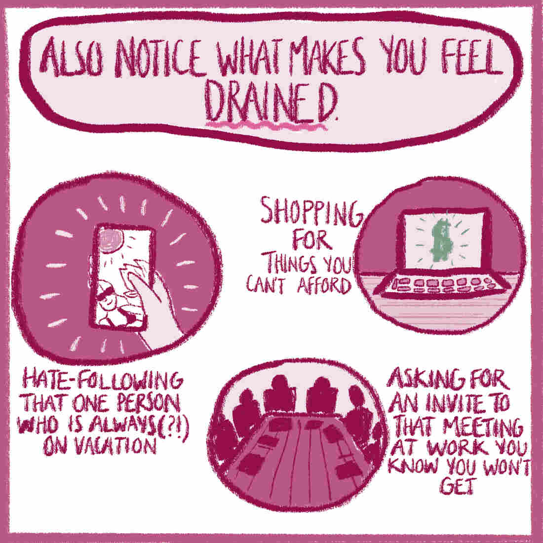 Image of a phone screen with a photo of someone on vacation, image of a computer, image of a table at an office. Text reads: "Also notice what makes you feel drained."