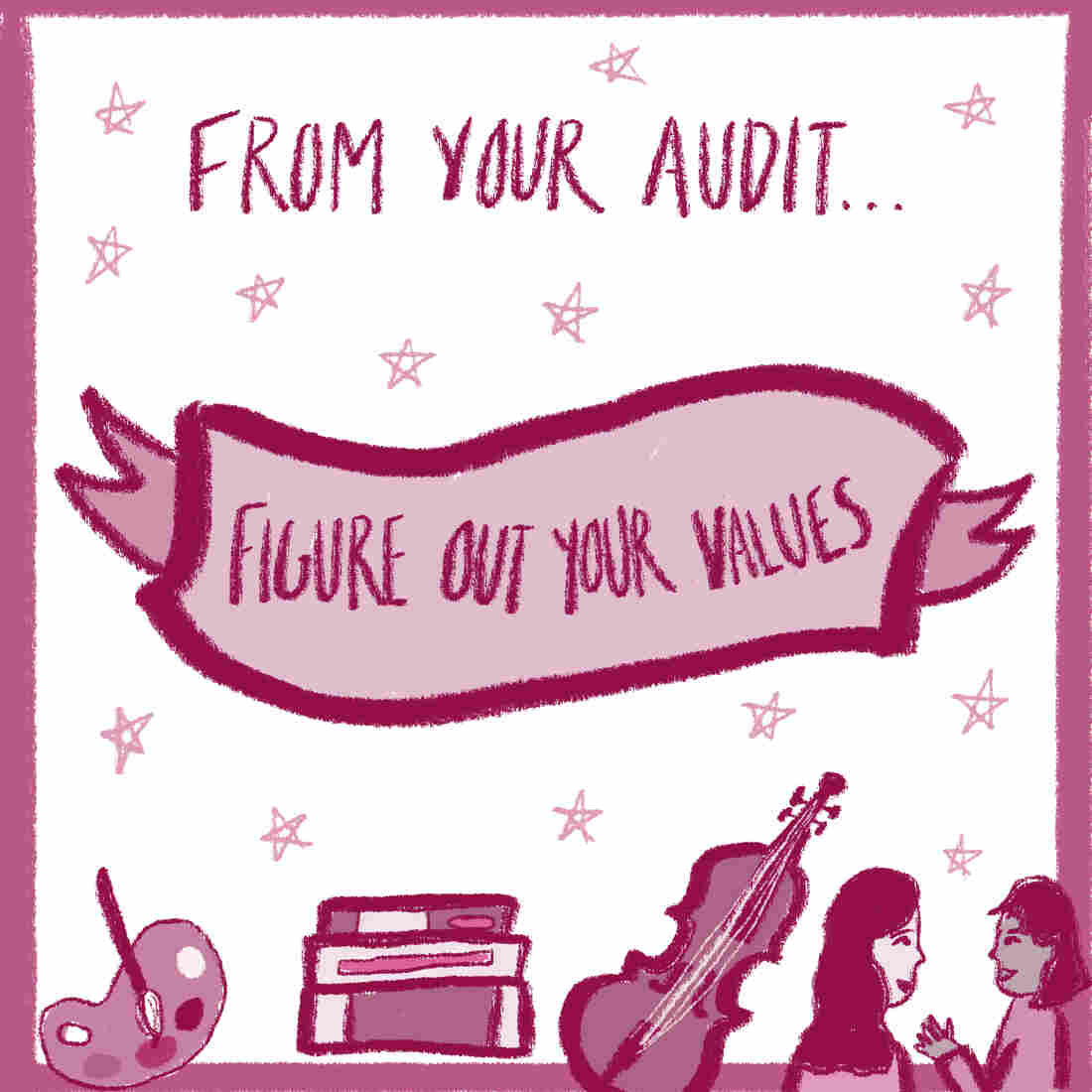 Image of a paint palette, a stack of books, a violin, and friends talking. Text reads: "From your audit, figure out your values."