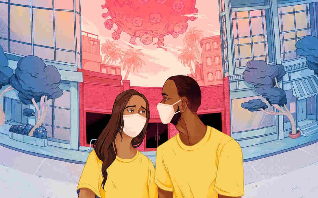 a couple of color wearing masks and looking at each other, concerned, while a large coronavirus hangs over them