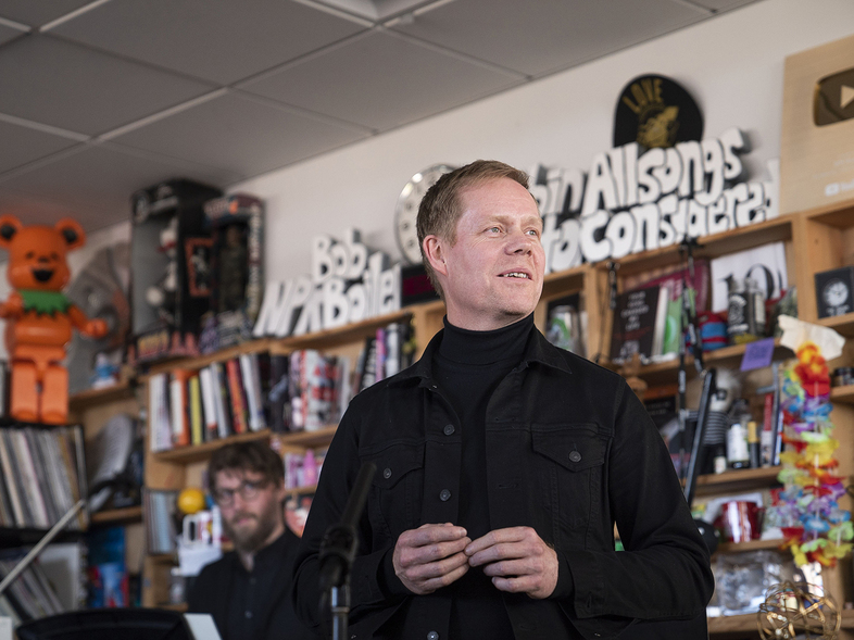 Max Richter performs during a Tiny Desk concert, on Oct. 21, 2019. (Mhari Shaw/NPR)