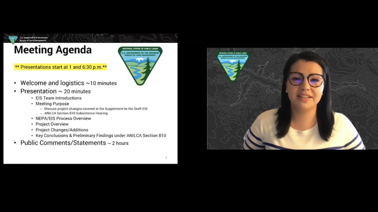 Because of the pandemic, the Bureau of Land Management held virtual public hearings in April on a proposal to expand oil drilling in Alaska's North Slope. (U.S. Department of the Interior / screenshot by NPR)