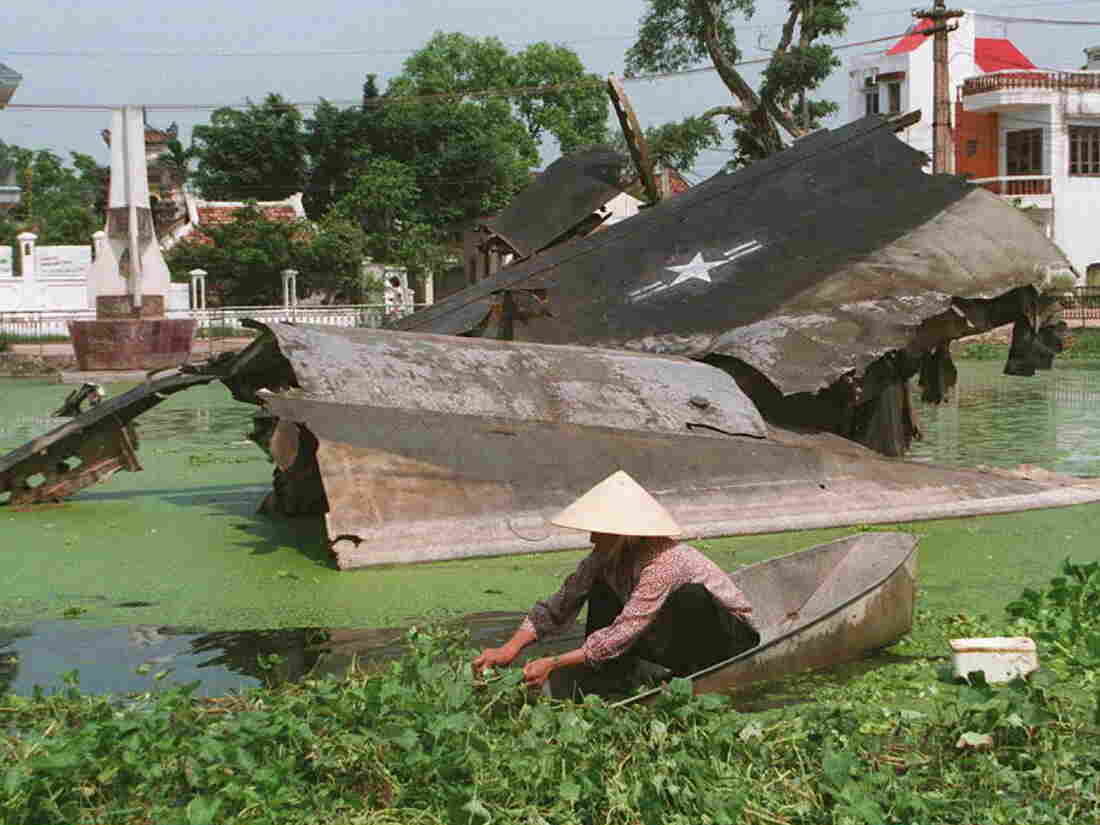 A woman cuts aquatic vegetables near the wreckage of US B-52 bombing plane shot down in 1972 on a small lake in Ngoc Ha village of Hanoi. (HOANG DINH NA/AFP via Getty Images)
