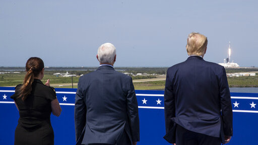 President Trump, Vice President Pence and Karen Pence view the SpaceX flight to the International Space Station at Kennedy Space Center on Cape Canaveral, Fla., on Saturday.