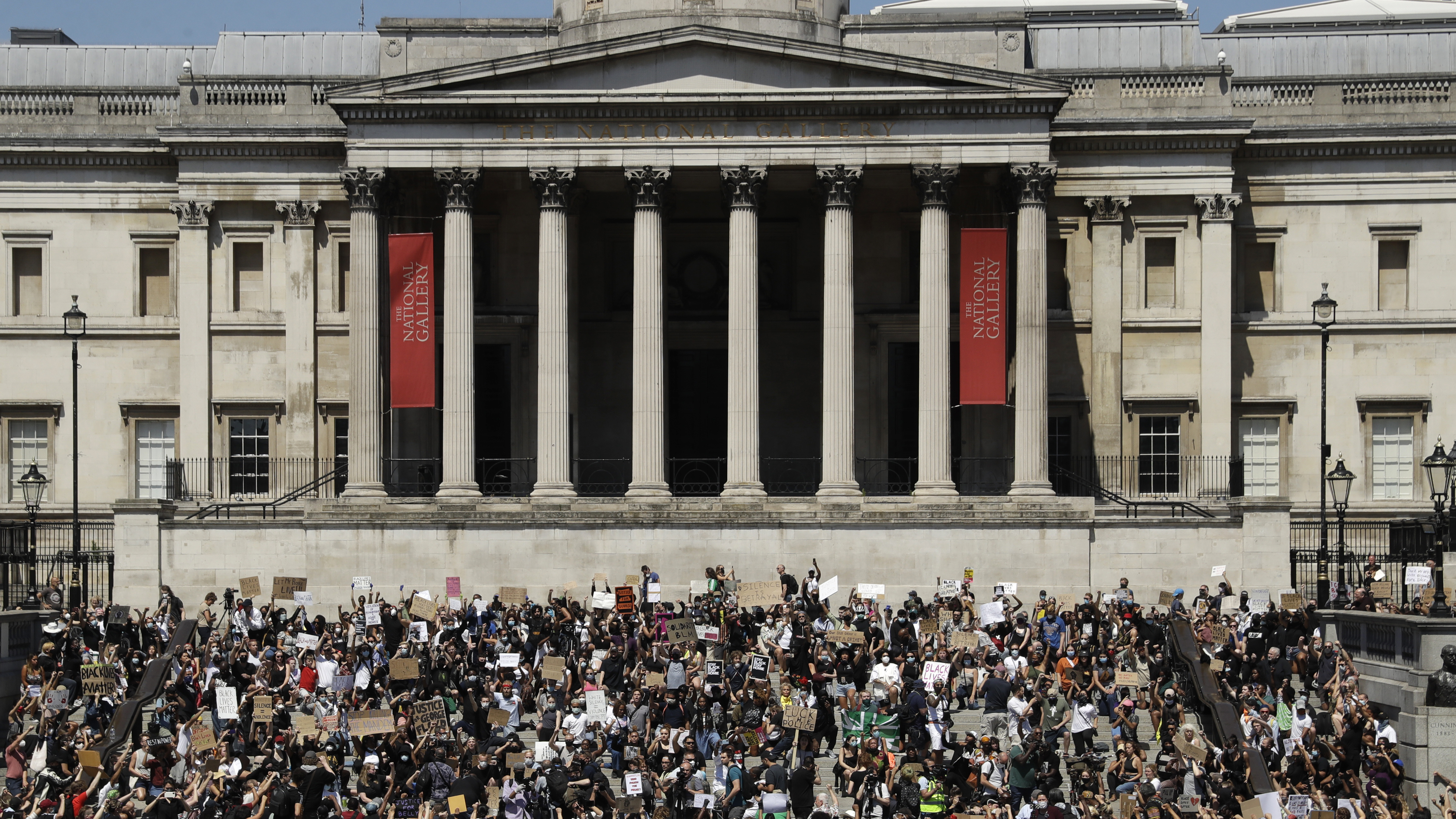 Hundreds demonstrated in Trafalgar Square in central London on Sunday, and many kneeled, to protest the recent killing of George Floyd by police officers in Minneapolis.