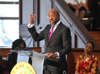 The. Rev. Raphael G. Warnock, senior pastor of Atlanta's Ebenezer Baptist Church, speaks at a January 2019 service to remember the Rev. Martin Luther King Jr.'s legacy.