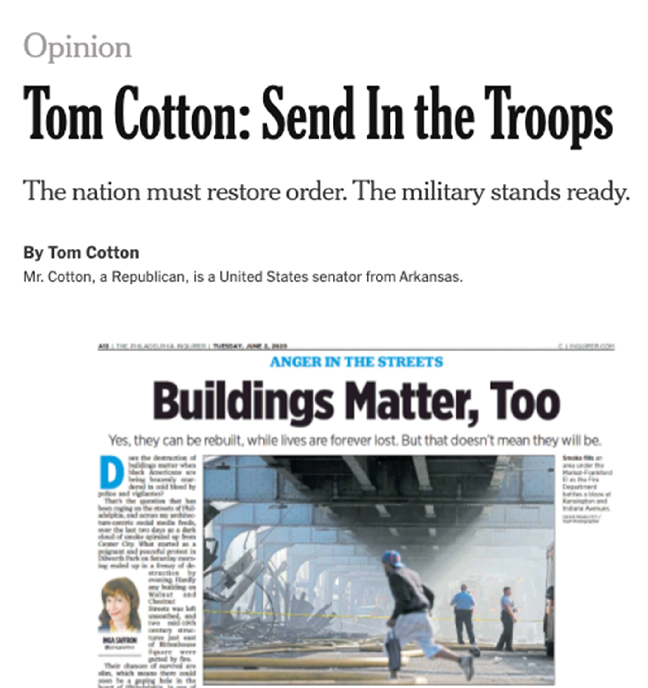 After reporters publicly rebelled, leaders at <em>The New York Times</em> and <em>The Philadelphia Inquirer</em> apologized for publishing controversial pieces on law enforcement and the protests over racial injustice. (Screenshot by NPR)