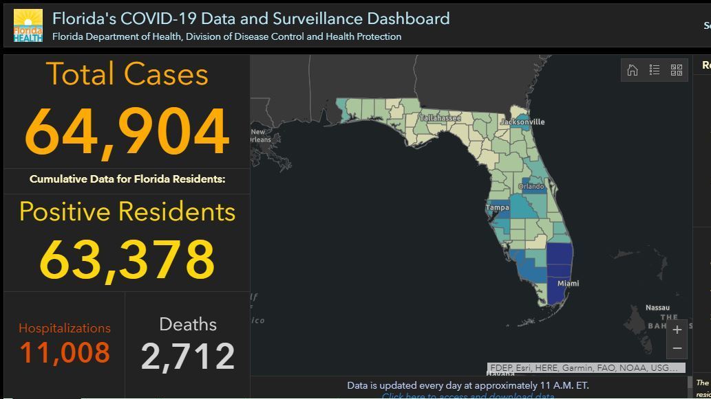 Florida's COVID-19 dashboard, here in a snapshot Monday, shows an uptick of cases. (Florida GIS/Screenshot by NPR)