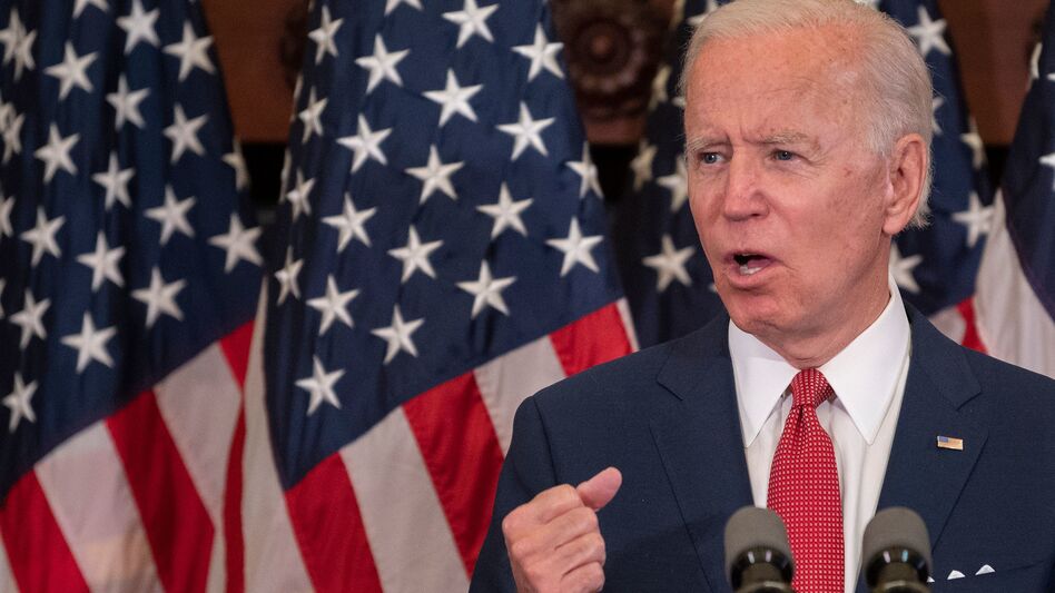 Democratic presidential candidate Joe Biden speaks in Philadelphia on Tuesday about the unrest over racism and police brutality. On Monday, his campaign put out a statement opposing efforts to defund police. (Jim Watson /AFP via Getty Images)