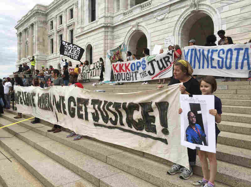 Protesters gather outside the state Capitol in St. Paul, Minn., on June 16, 2017, after St. Anthony police Officer Jeronimo Yanez was cleared in the fatal shooting of Philando Castile, a black motorist whose death captured national attention when his girlfriend streamed the grim aftermath on Facebook