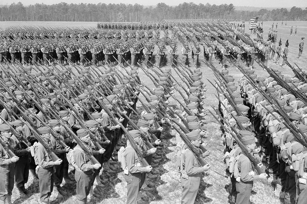 Selective service trainees at Fort Benning, Ga., in 1941. Fort Benning is one of 10 bases bearing the last names of rebel generals created over the course of World War I and World War II.