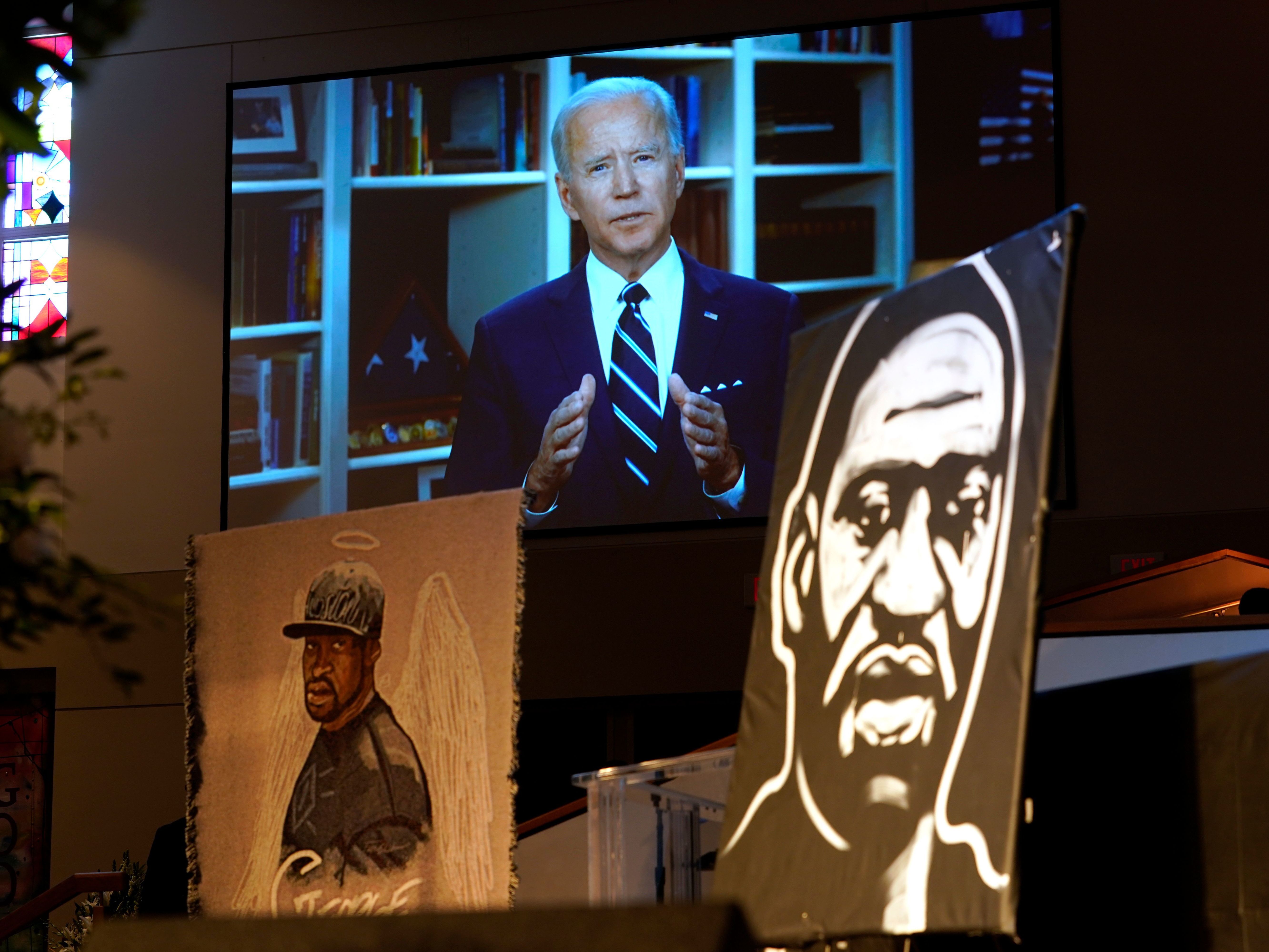 Democratic presumptive presidential nominee Joe Biden speaks via video at a funeral service for George Floyd in Houston on Monday. (Pool/AFP via Getty Images)