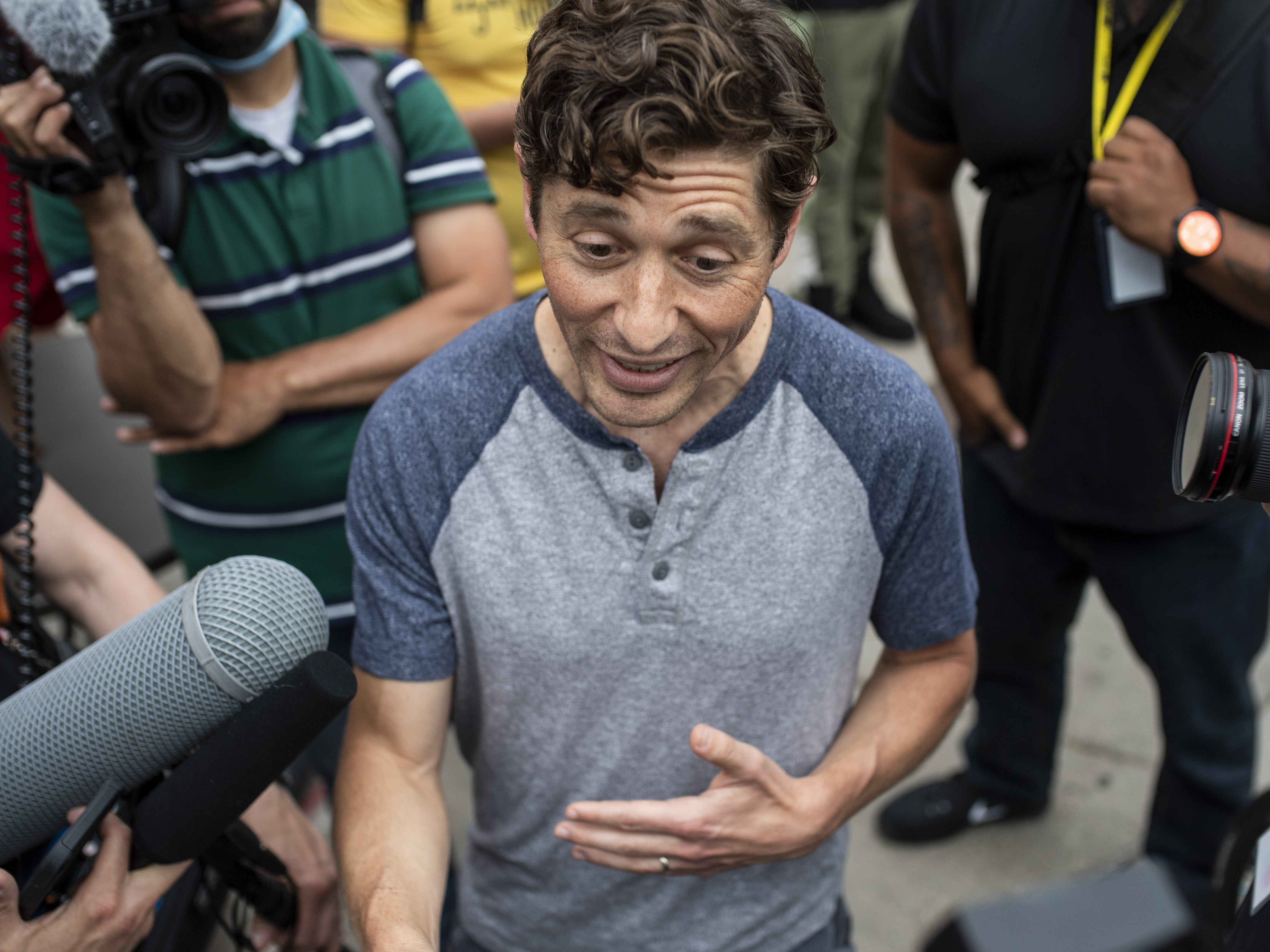 Minneapolis Mayor Jacob Frey speaks Saturday with demonstrators calling for the defunding of his city's police department. (Getty Images)