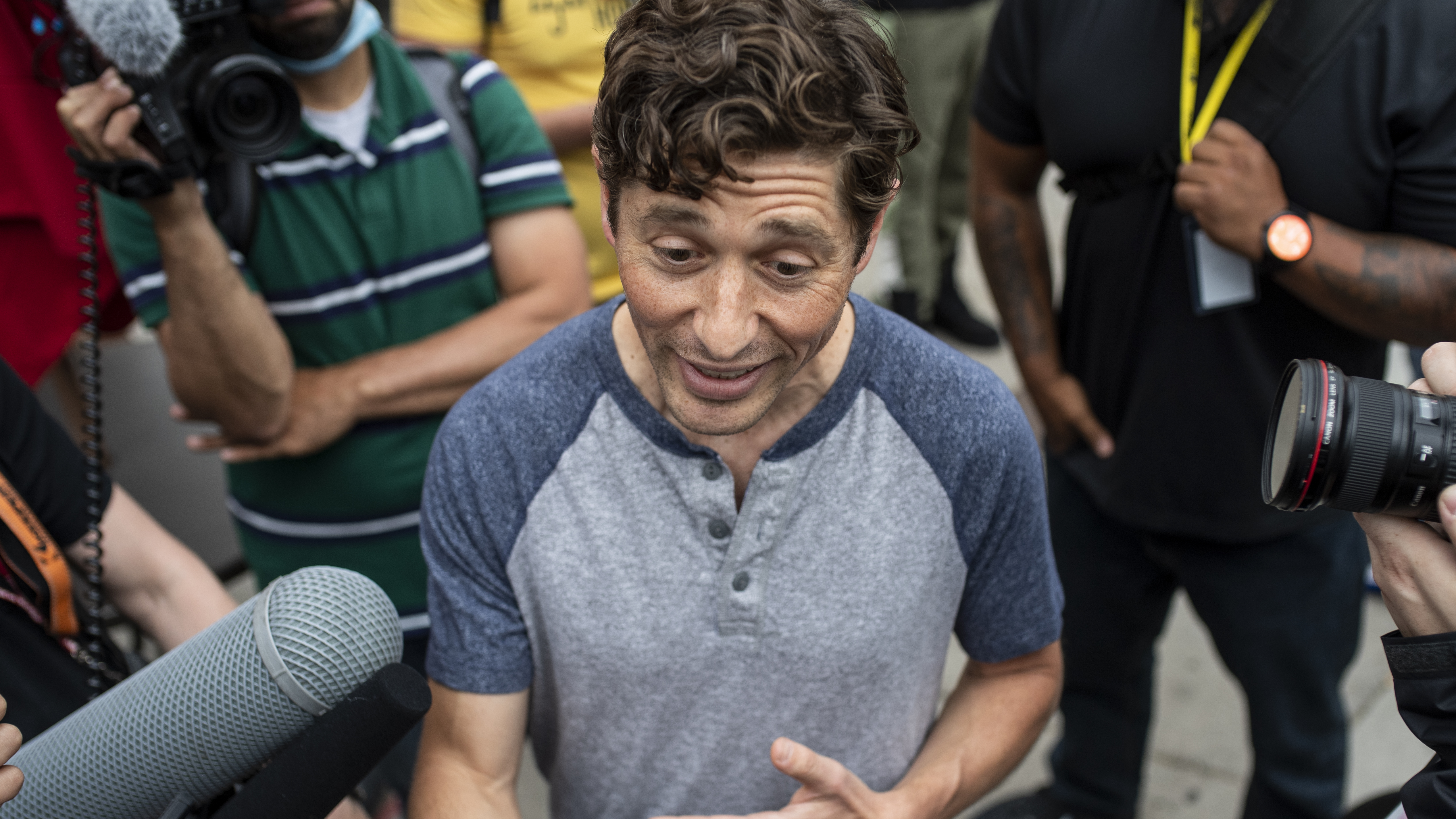 Minneapolis Mayor Jacob Frey speaks with demonstrators calling for the Minneapolis Police Department to be defunded on June 6, 2020.