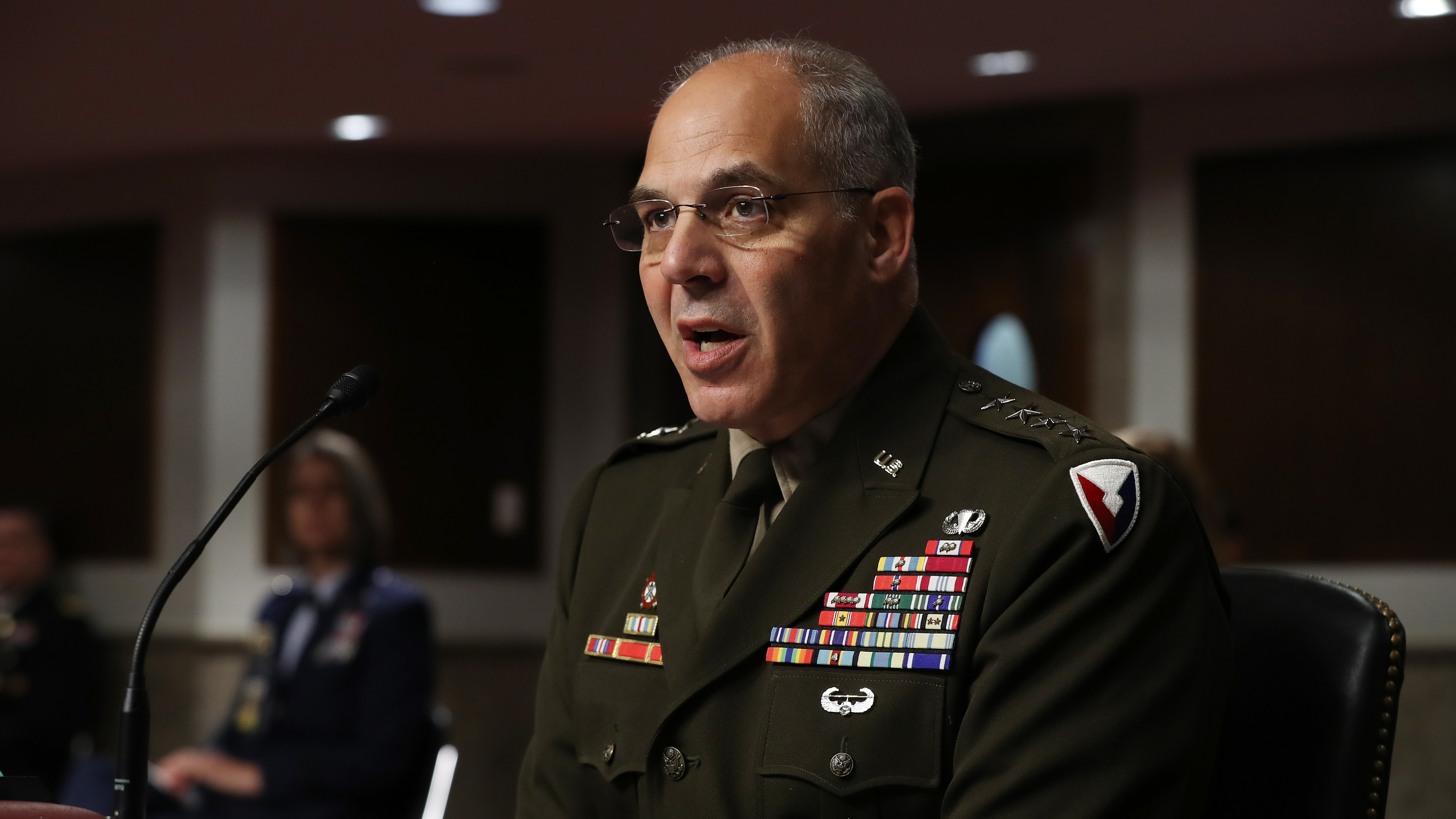 Army Gen. Gustave Perna testifies before the Senate Armed Services Committee on Thursday on his nomination to oversee the COVID-19 vaccine project. (POOL/AFP via Getty Images)