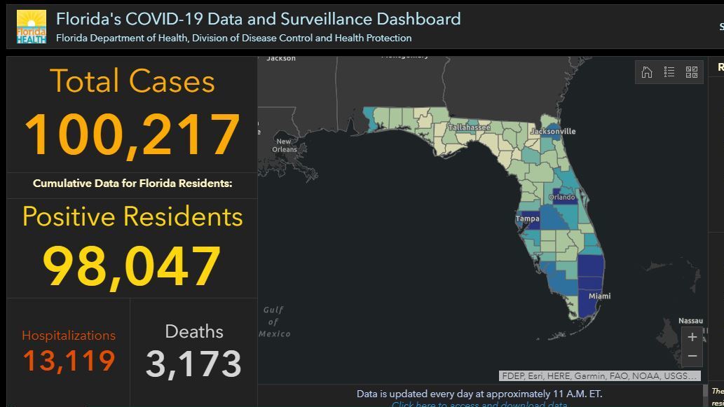 Florida's COVID-19 dashboard, here in a snapshot Monday, shows the state has more than 100,000 confirmed coronavirus cases. (Florida Geographic Information Systems/Screenshot by NPR)