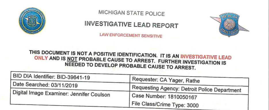 Michigan State Police ran a facial recognition search for a suspect in Detroit. It suggested the 42-year-old Robert Williams was the suspect. He was arrested and detained. He and his lawyers say the algorithm failed and mistakenly identified him as someone else. Prosecutors have dismissed the case. (Detroit Police Department Incident Report)