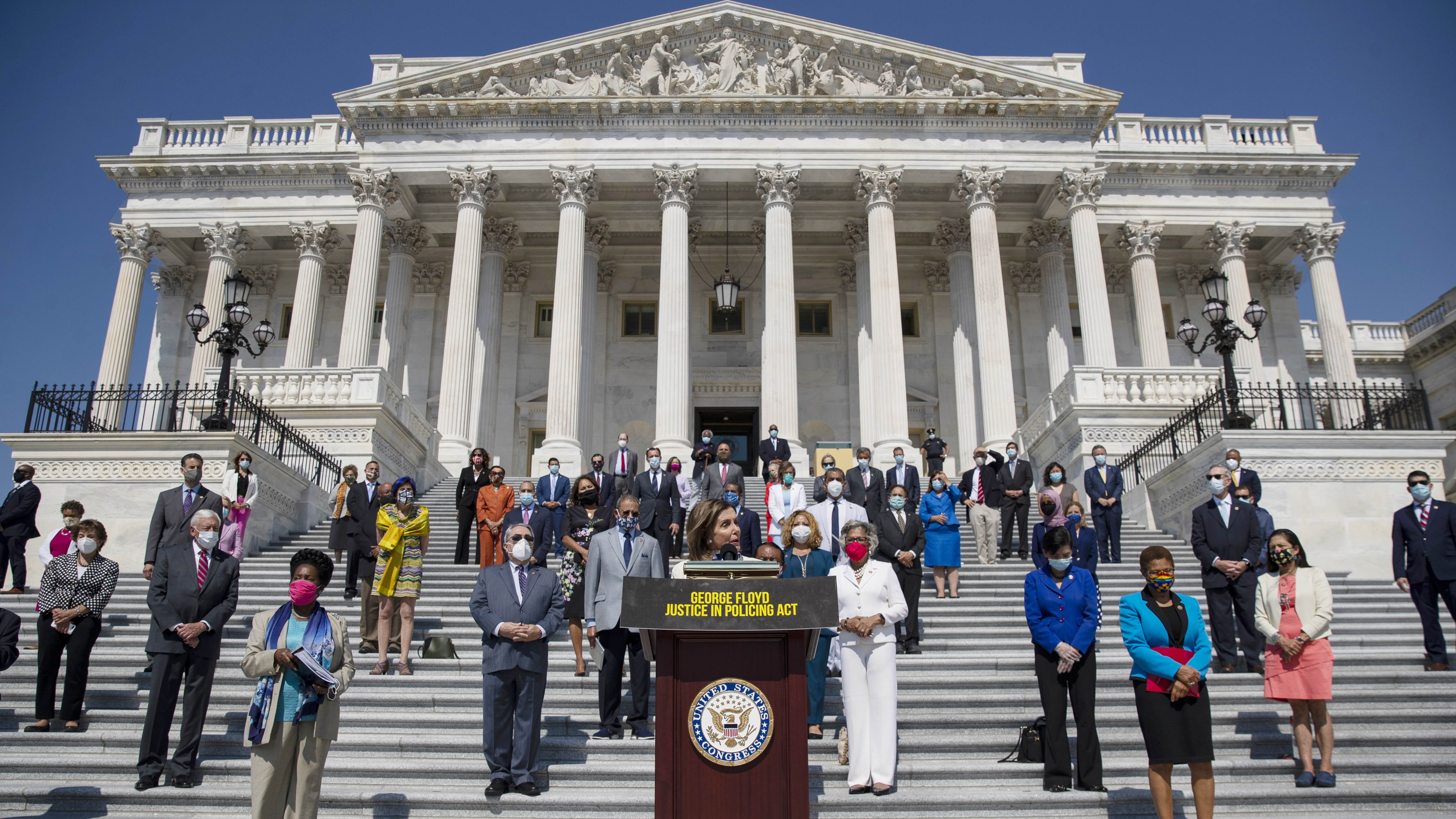 House Speaker Nancy Pelosi of Calif., joined by House Democrats spaced for social distancing, spoke at a press conference on the House East Front Steps of the Capitol ahead of ahead of the House vote on the George Floyd Justice in Policing Act of 2020.