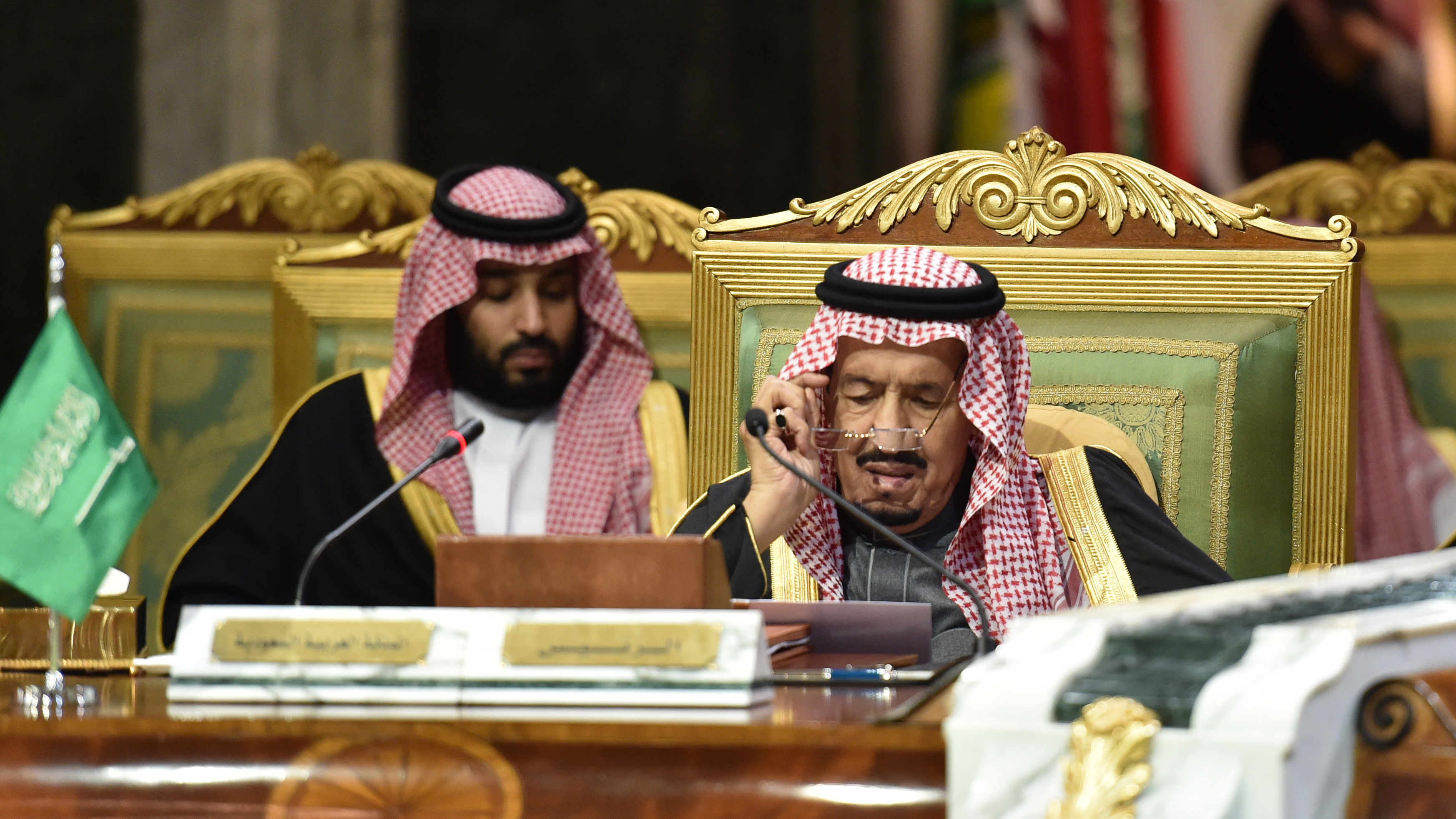 Saudi King Salman bin Abdulaziz (right) and his son Crown Prince Mohammed bin Salman at a session of the 40th Gulf Cooperation Council summit in Riyadh in December.