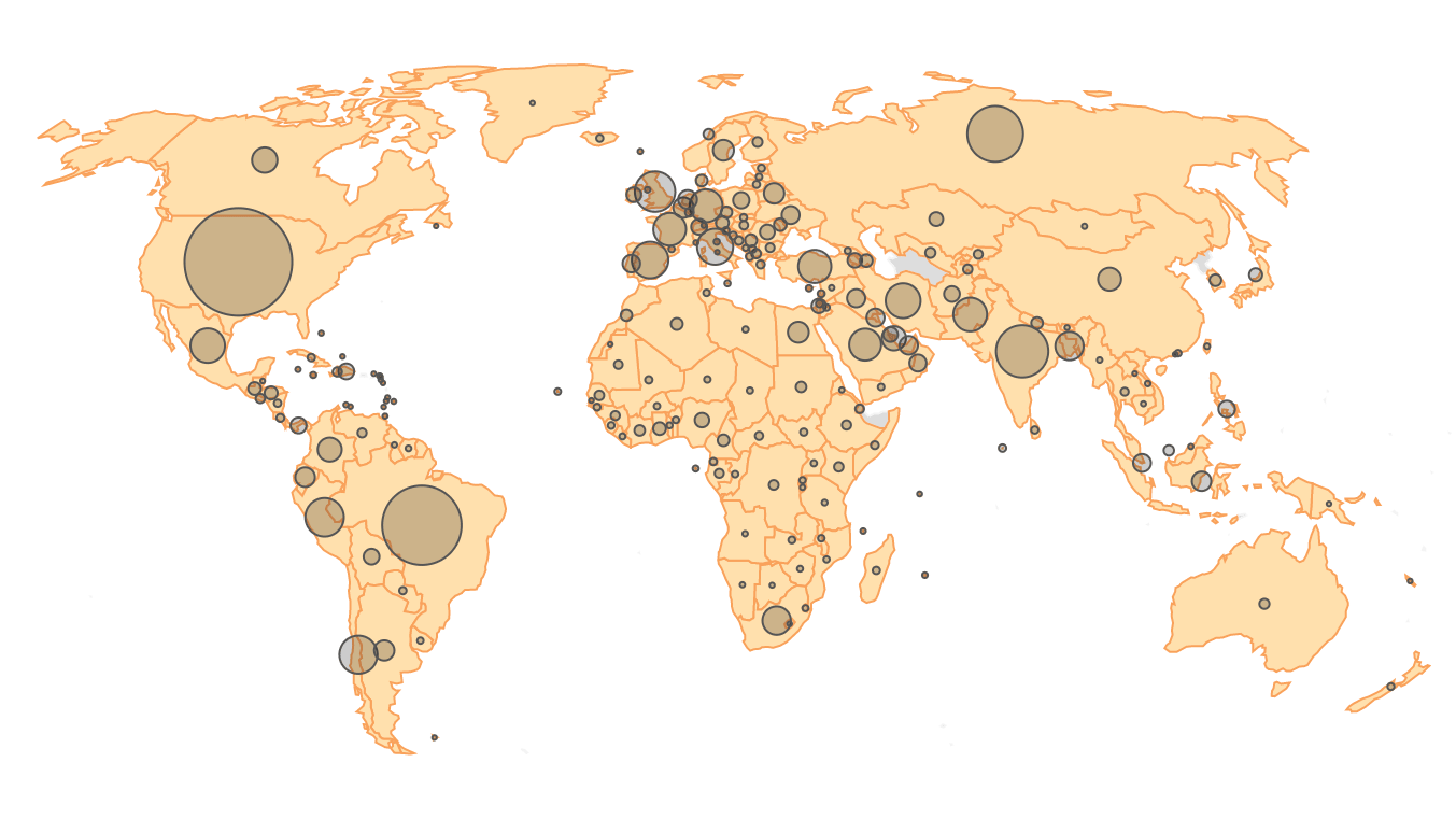World map showing coronavirus cases by country (as of June 28)