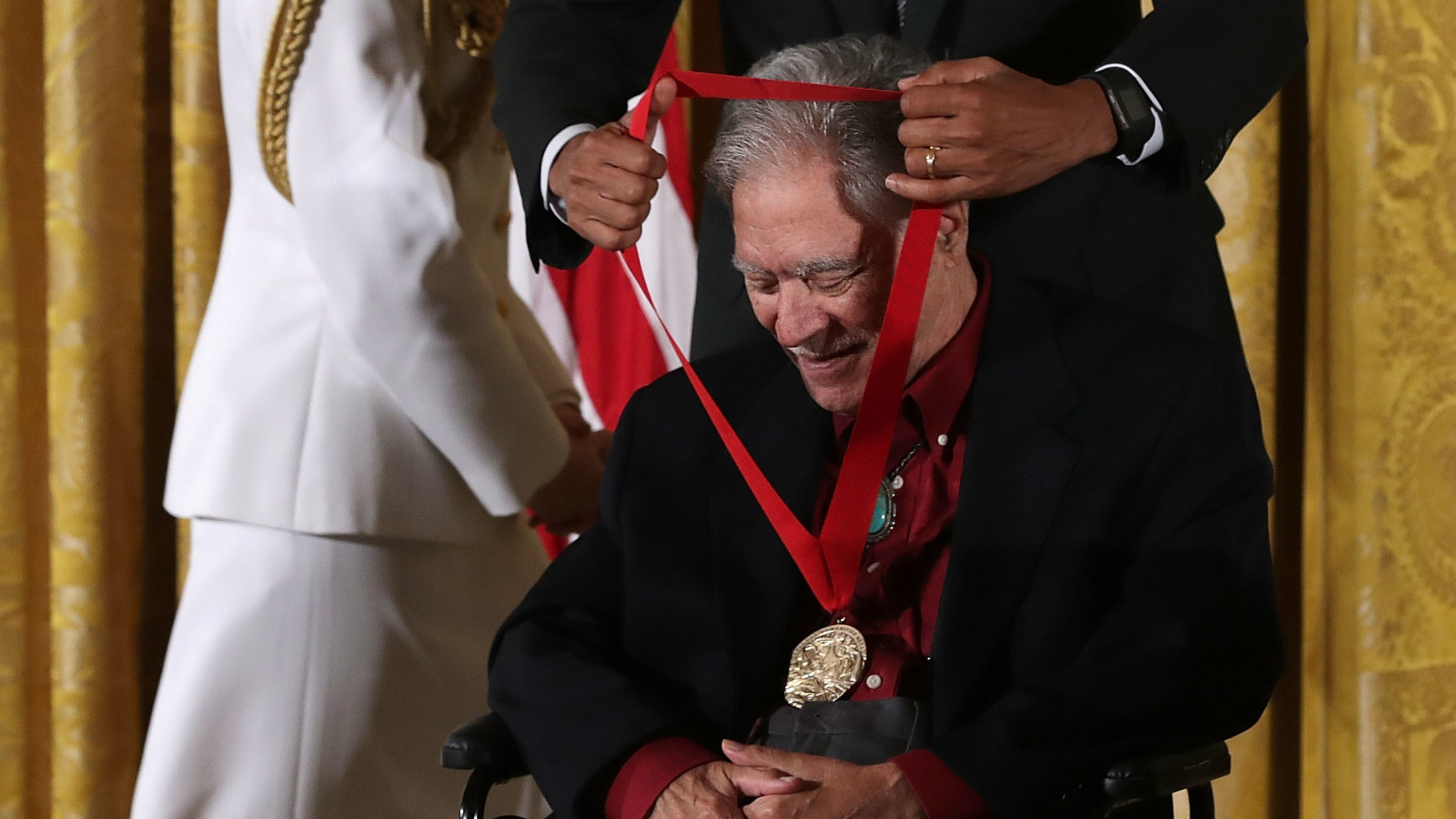 President Barack Obama presents the National Humanities Medal to author Rudolfo Anaya at a ceremony in September, 2016.