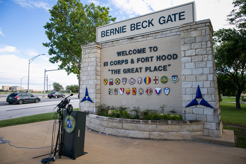 The Bernie Beck Gate at Fort Hood, Texas. An effort to remove Confederate names from military bases has broad bipartisan support in both chambers of Congress, but President Trump is vowing to veto the defense bill if the provision stays in. (Drew Anthony Smith/Getty Images)