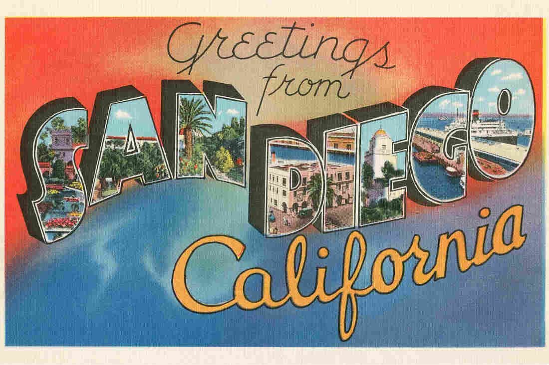 'Greetings from San Diego, California' large letter vintage postcard, 1930s. (Photo by Found Image Holdings/Corbis via Getty Images)