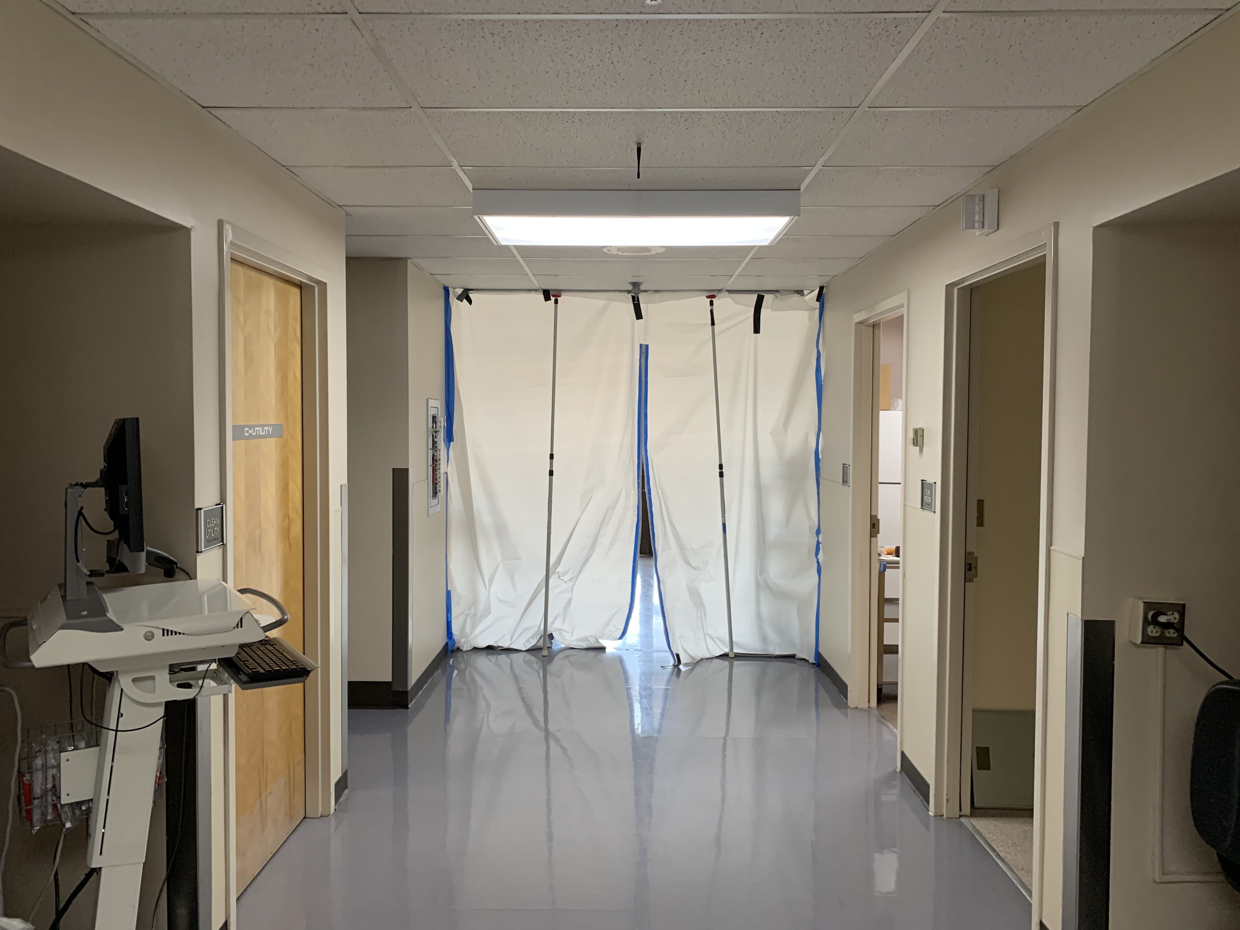A hallway leads to a makeshift isolation ward for COVID-19 patients. (NPR)