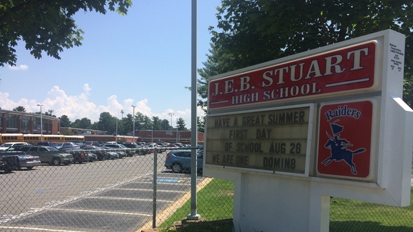 The sign for J.E.B. Stuart High School in Falls Church, Va., named after the slaveholding Confederate general, photographed in 2017. The name was changed to Justice High School two years ago.