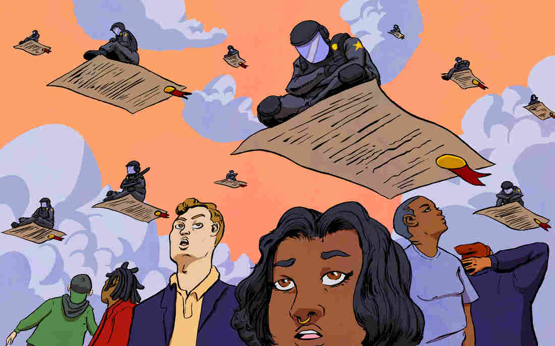 a group of police officers flying on legal documents looks at a group of frightened people underneath them