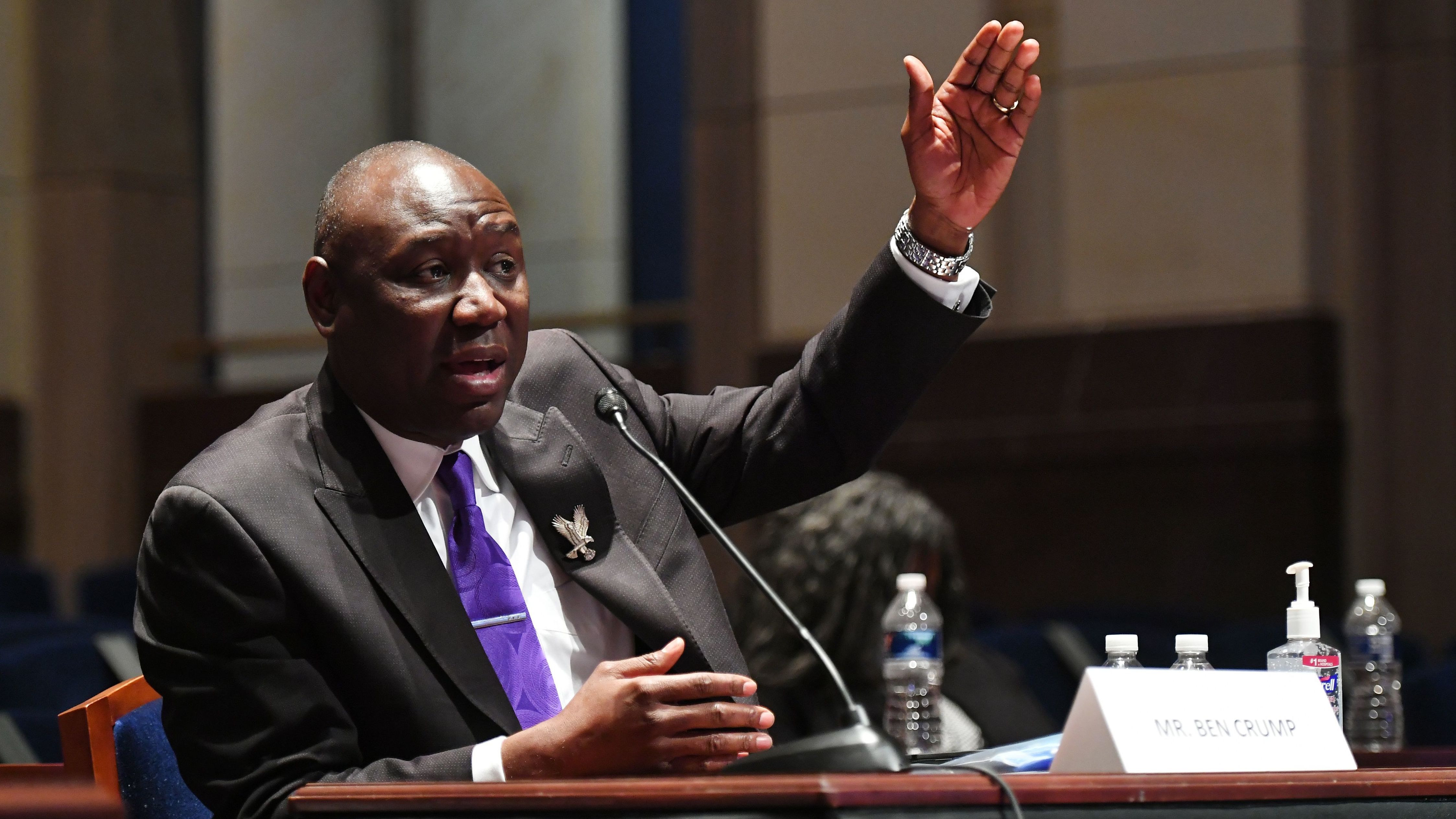 Civil rights attorney Benjamin Crump, shown testifying at a June 10 House Judiciary Committee hearing prompted by the death of George Floyd, announced he has filed a civil lawsuit against "the City of Minneapolis and police officers" on behalf of Floyd's family.