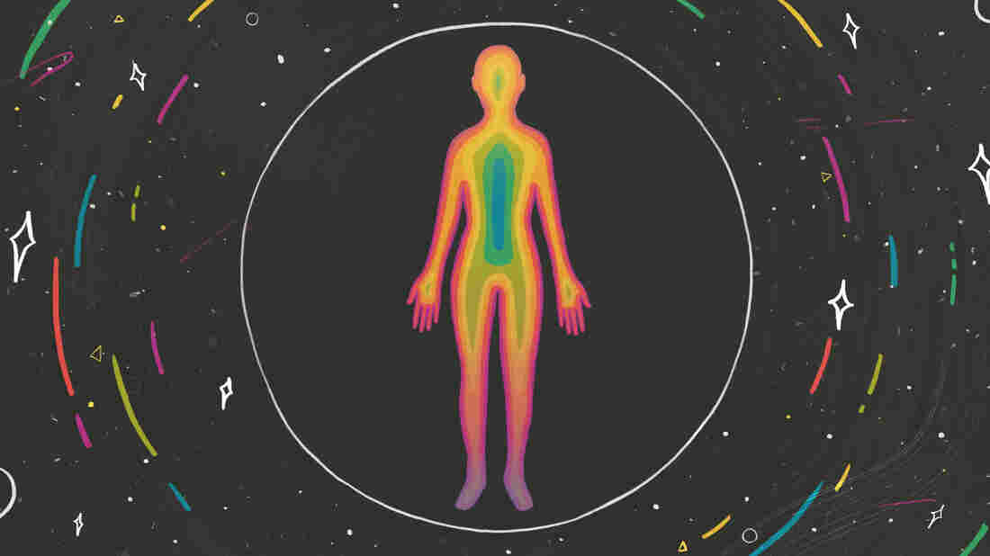 An illustrated outline of a person filled with rainbow colors stands alone in a circle, surrounded by a dark background with stars and colorful streaks circling outside of a sphere.