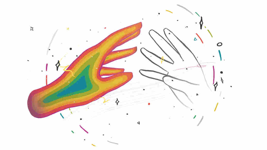 An illustrated hand filled with rainbow colors reaches out to the outline of another hand. They are against a white backdrop and are encircled by colorful streaks and stars.