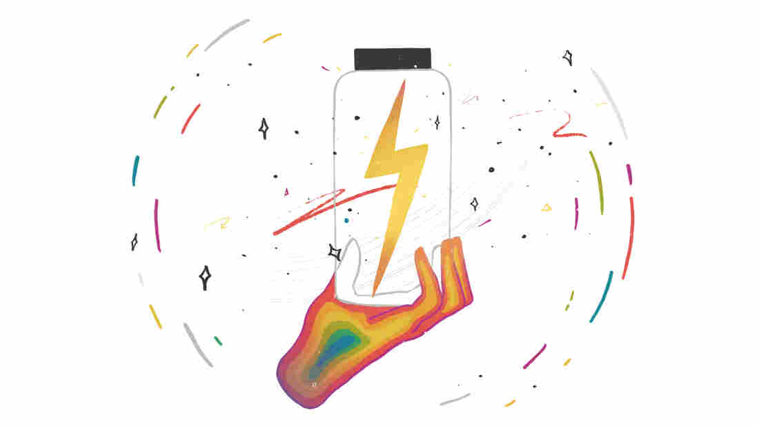 An illustrated hand filled in with rainbow colors holds a clear jar with a lightning bolt inside. The hand and jar are against a white backdrop and are encircled by colorful streaks and stars.