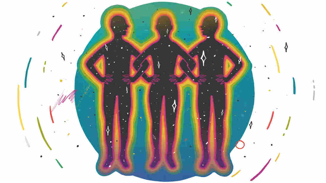 The outlines of three illustrated figures link arms. Their bodies are filled with the night sky and stars. They are encircled in a green and blue circle and surrounded by a white backdrop that has colorful streaks and stars creating a circle around the circle.
