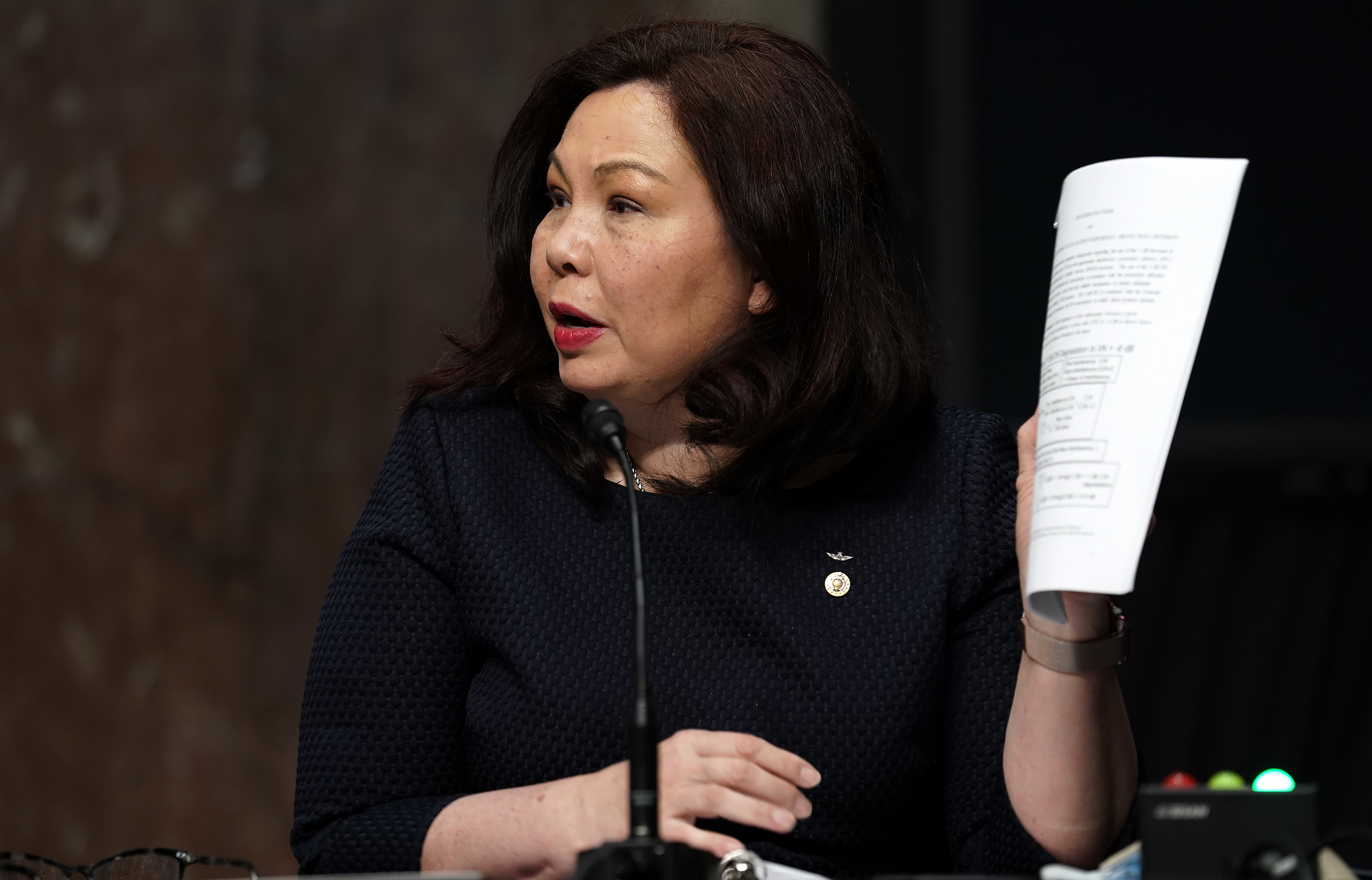 Sen. Tammy Duckworth, D-Ill., is seen during a Senate Armed Services Committee hearing on May 6. The Iraq War veteran is on Joe Biden's vice presidential shortlist. (Pool/Getty Images)