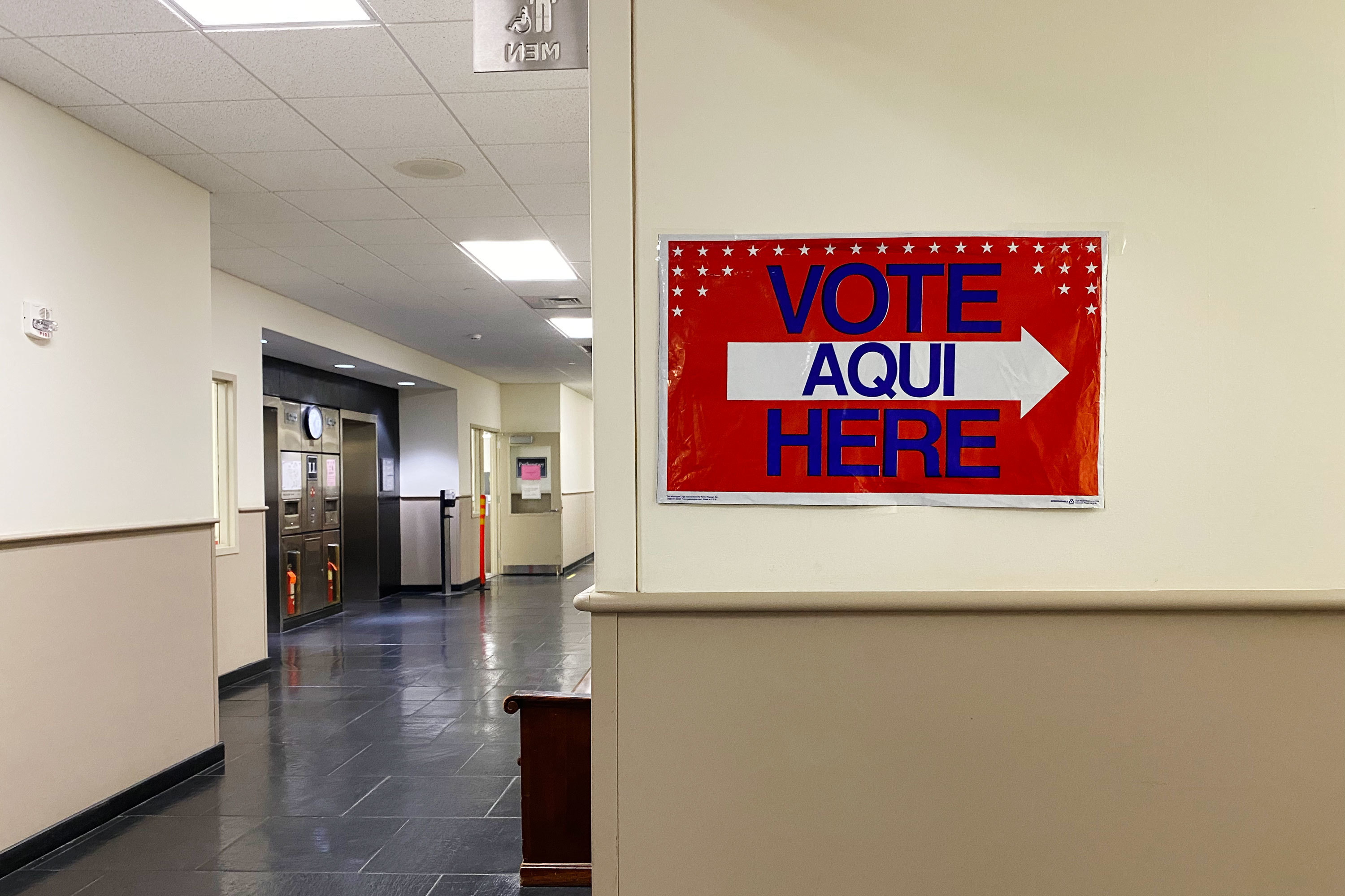 A sign directs people to vote at the Northampton County Offices in Easton, Pa. (NPR)