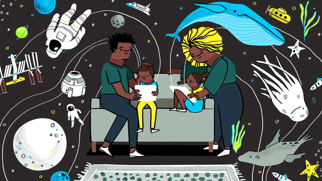 Two children sit on a couch holding screen devices. One adult helps each of them, looking over their shoulder at the screen as streams of stars and spaceships and underwater creatures pour out of the devices and into the living room.