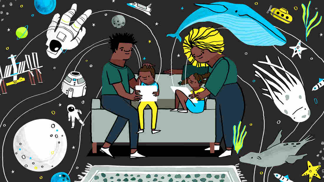 Two children sit on a couch holding screen devices. One adult helps each of them, looking over their shoulder at the screen as streams of stars and spaceships and underwater creatures pour out of the devices and into the living room.