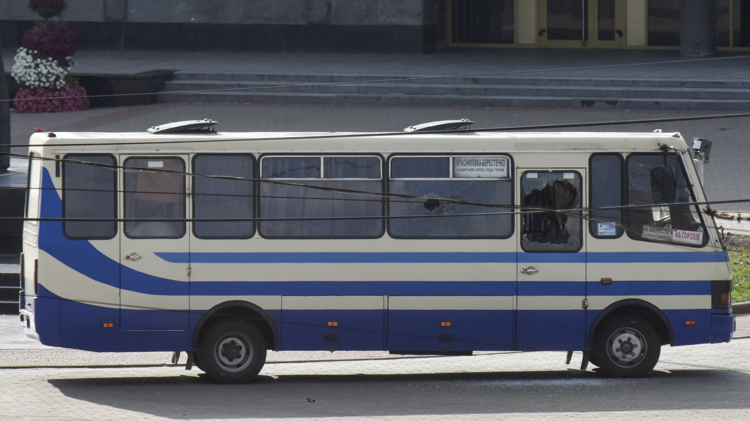 A bus seized by an armed gunman who took 13 hostages in the city center of Lutsk, some 250 miles west of Kyiv, Ukraine on Tuesday.