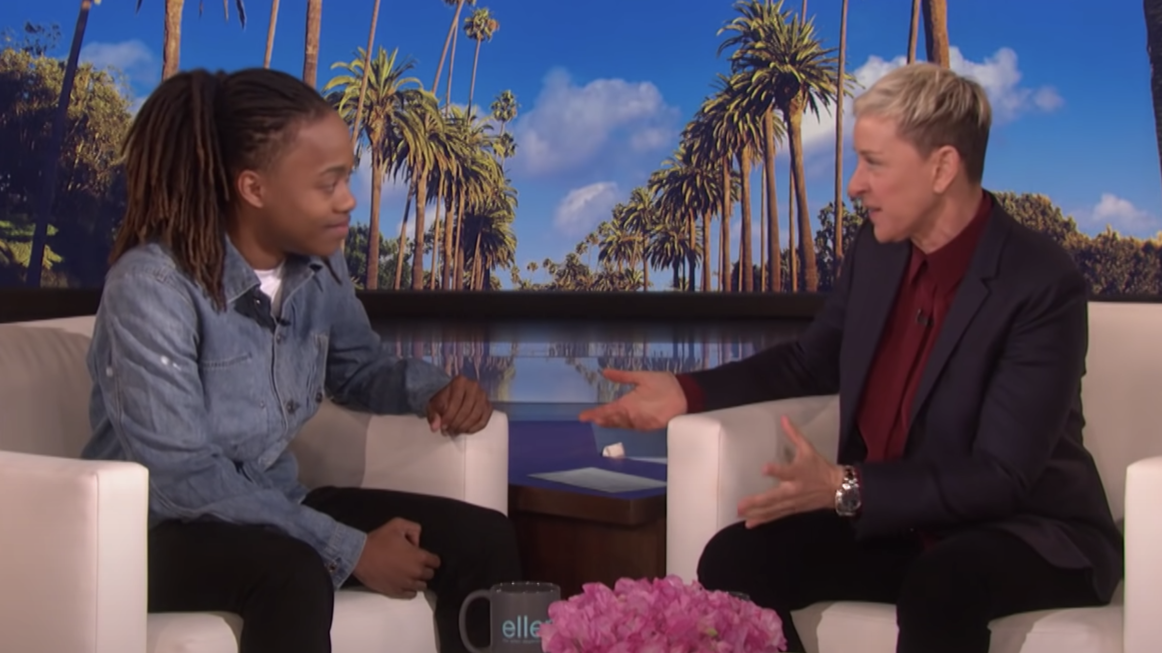 De'Andre Arnold appearing on <em>The Ellen DeGeneres Show </em>in January following his suspension from high school because of a grooming policy forbidding long hair in boys. Arnold refused to cut his dreadlocks and was barred from attending his high school graduation ceremony and senior prom. (Courtesy Ellen Digital Ventures)