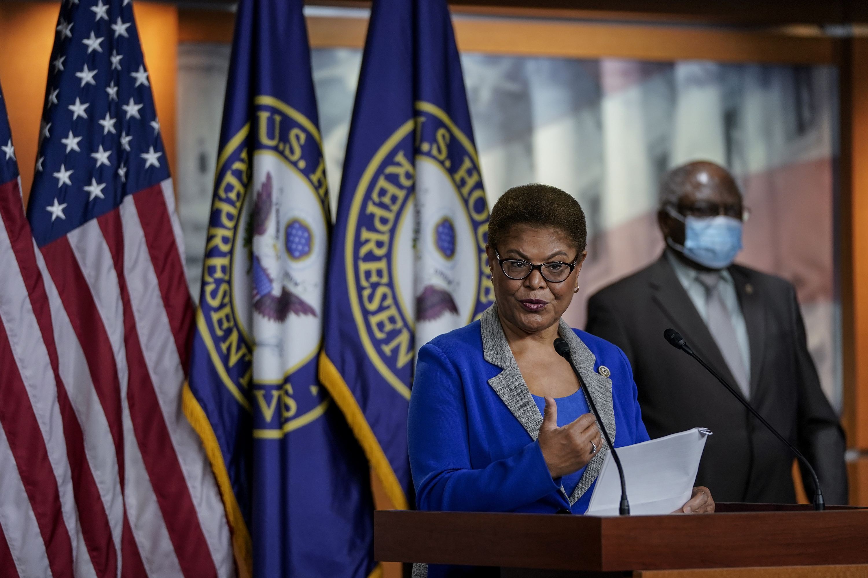 Congressional Black Caucus Chair Karen Bass speaks during a news conference Wednesday about the House vote on Confederate statues at the U.S. Capitol. The House legislation later passed in a 305-113 vote. (Getty Images)