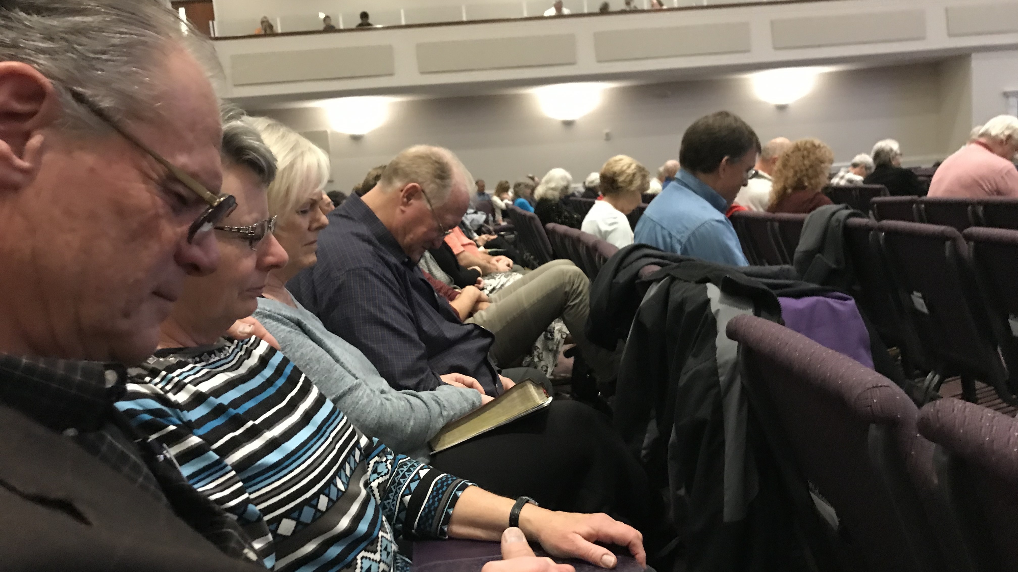 Dan Wentland, Sherry Wentland, Gwynn Harris, and Randy Harris (left to right) attend services at the Lantana Road Baptist Church on March 8, 2020. The couples have known each other since the 1970s and lived in Paradise, Calif., until the 2018 Camp Fire destroyed their town.