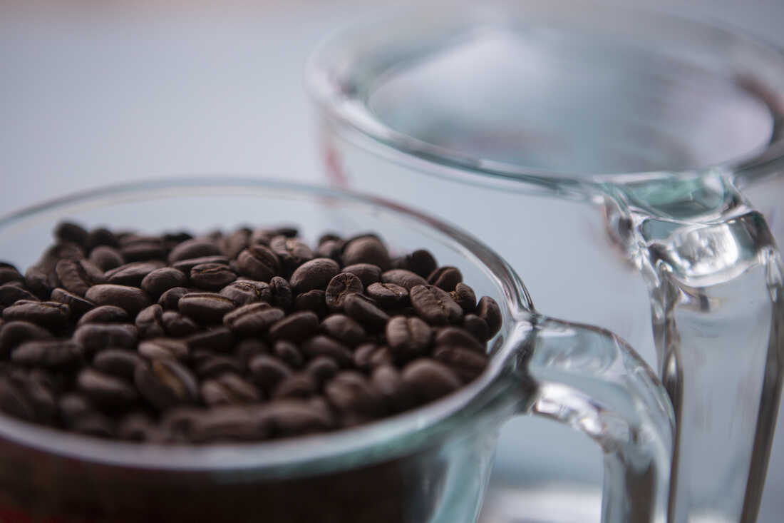 Two measuring cups — one filled with coffee beans and one filled with water — are photographed close up in front of a blue background.