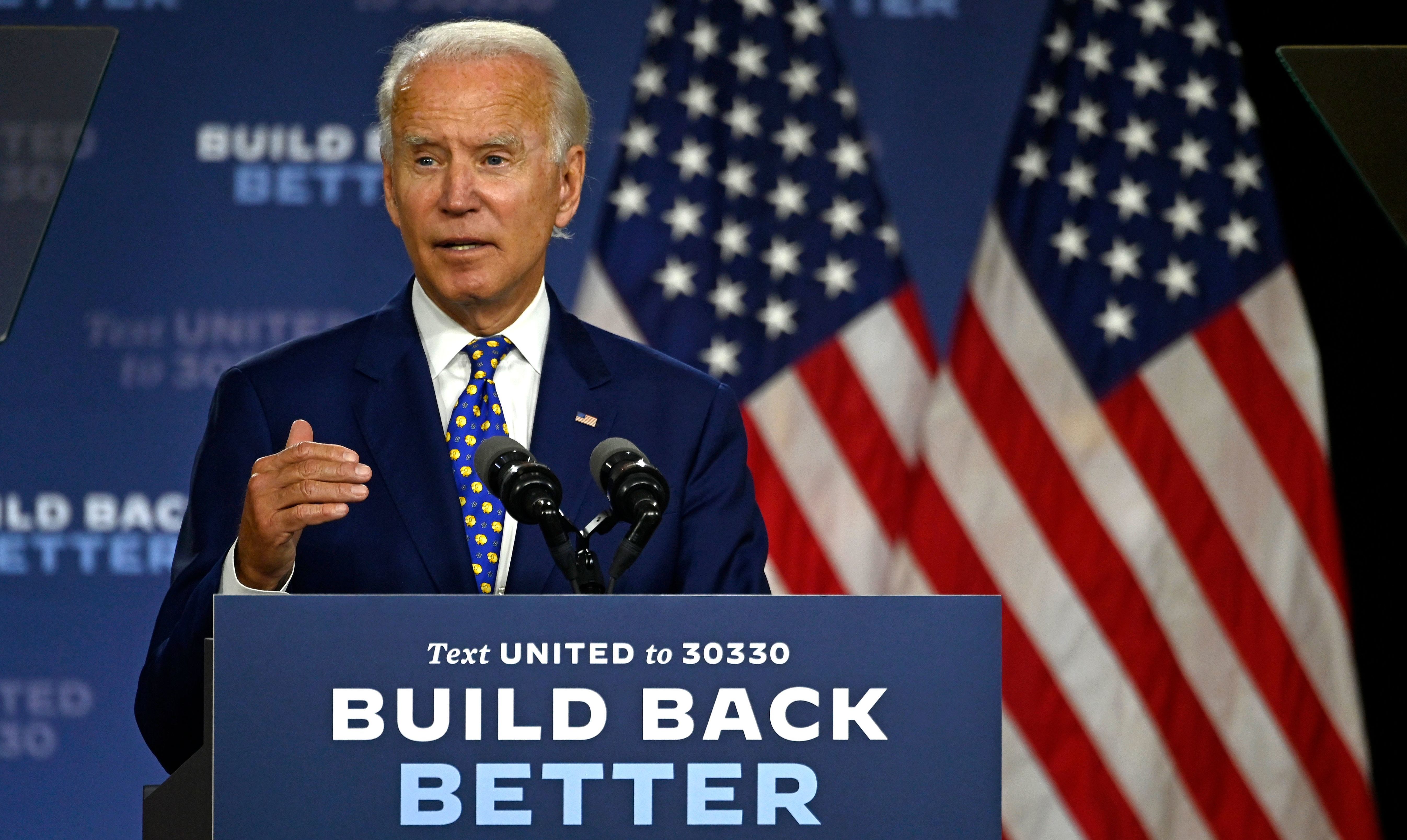 Joe Biden, the presumptive Democratic presidential nominee, speaks during a campaign event at the William &quot;Hicks&quot; Anderson Community Center in Wilmington, Del., on Tuesday. (AFP via Getty Images)