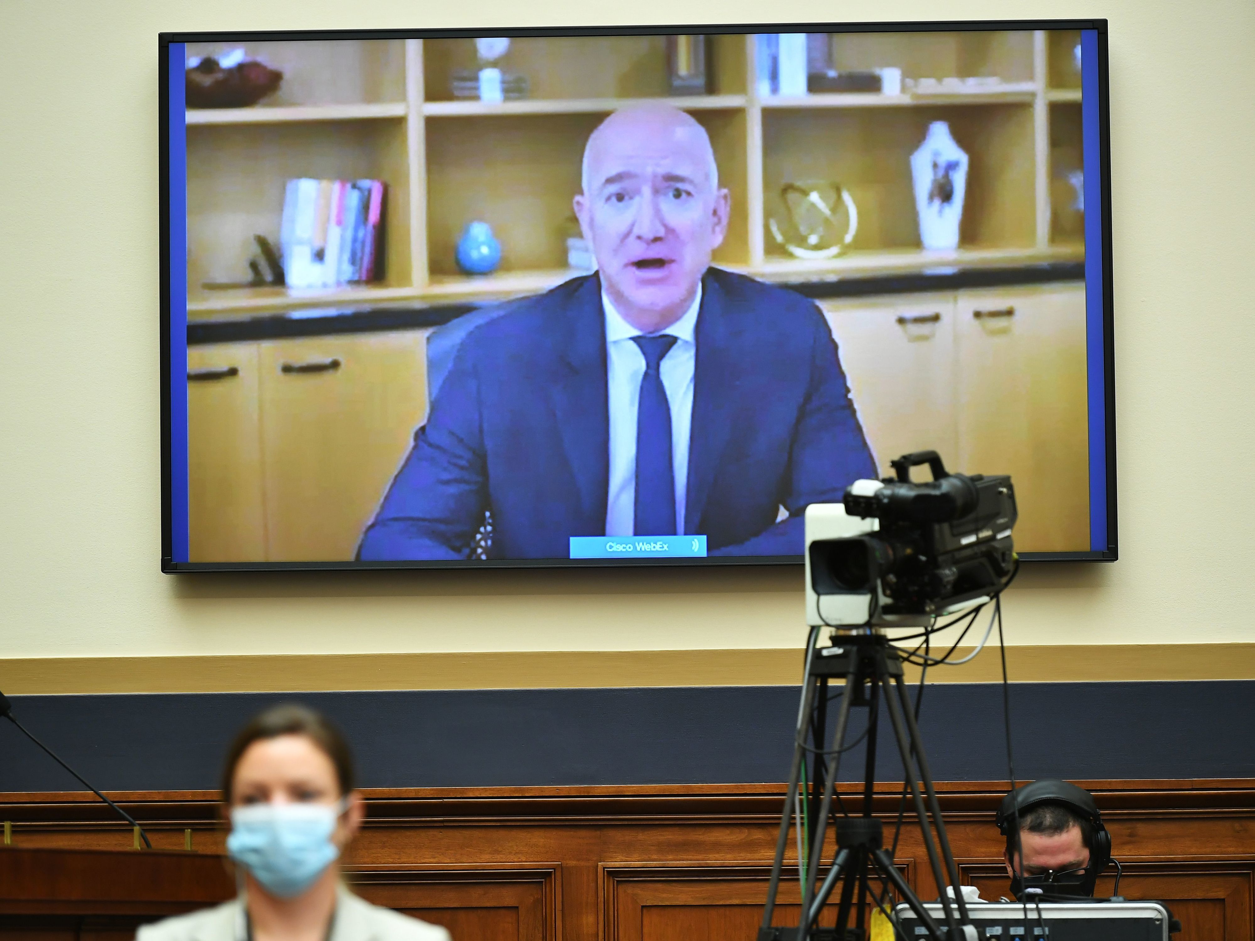 Amazon CEO Jeff Bezos testifies Wednesday via video before the House Judiciary antitrust subcommittee. The hearing also featured the heads of Apple, Facebook and Google. (POOL/AFP via Getty Images)