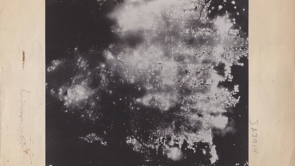 A photograph showing Toyama, Japan, aflame after the U.S. attack on Aug. 1, 1945. Most of the city