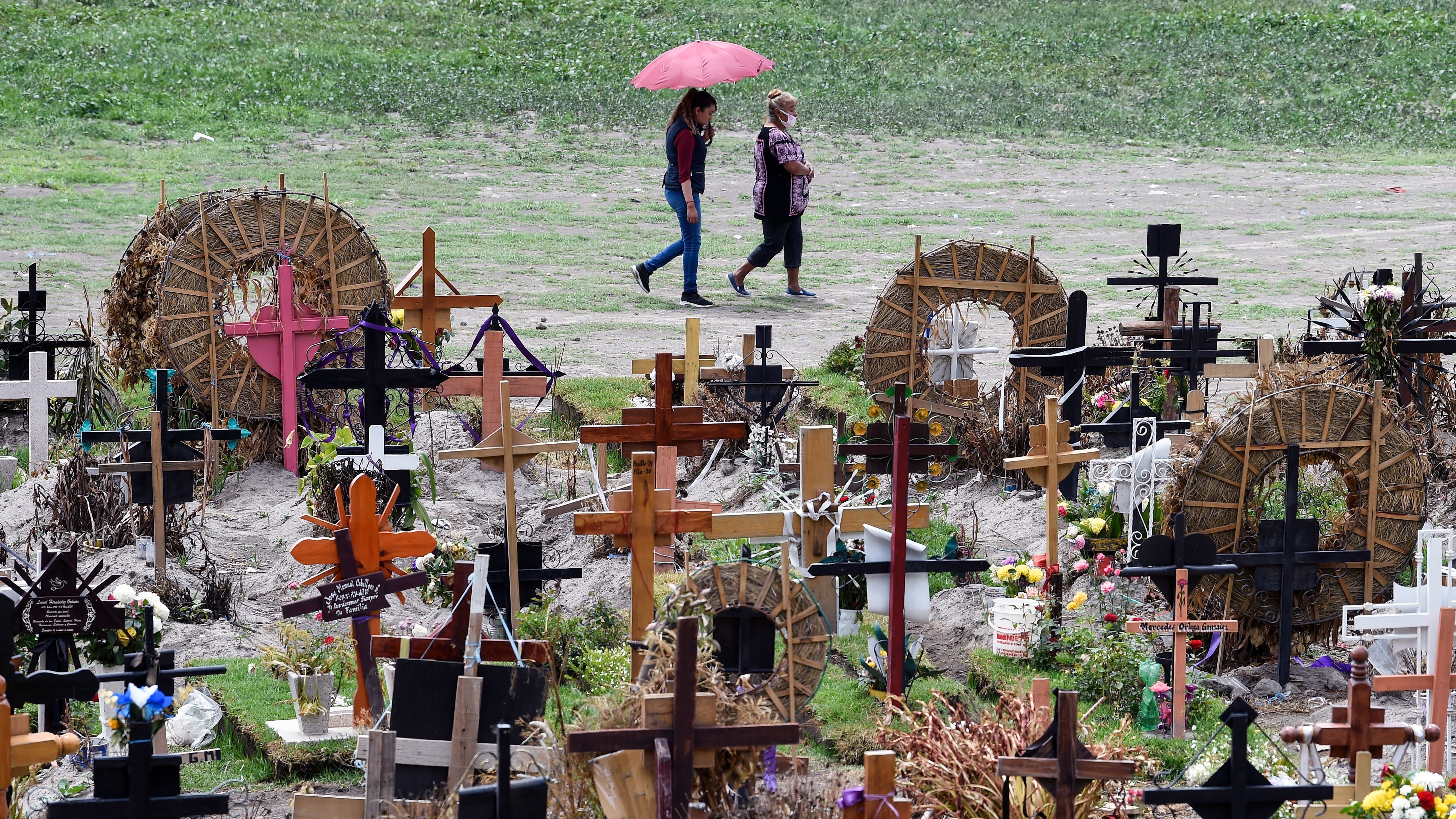 Relatives of victims who died from COVID-19 visit graves in the special area of the Municipal Pantheon of Valle de Chalco, Mexico. The coronavirus has taken a heavy toll on the country, especially its poorest citizens.