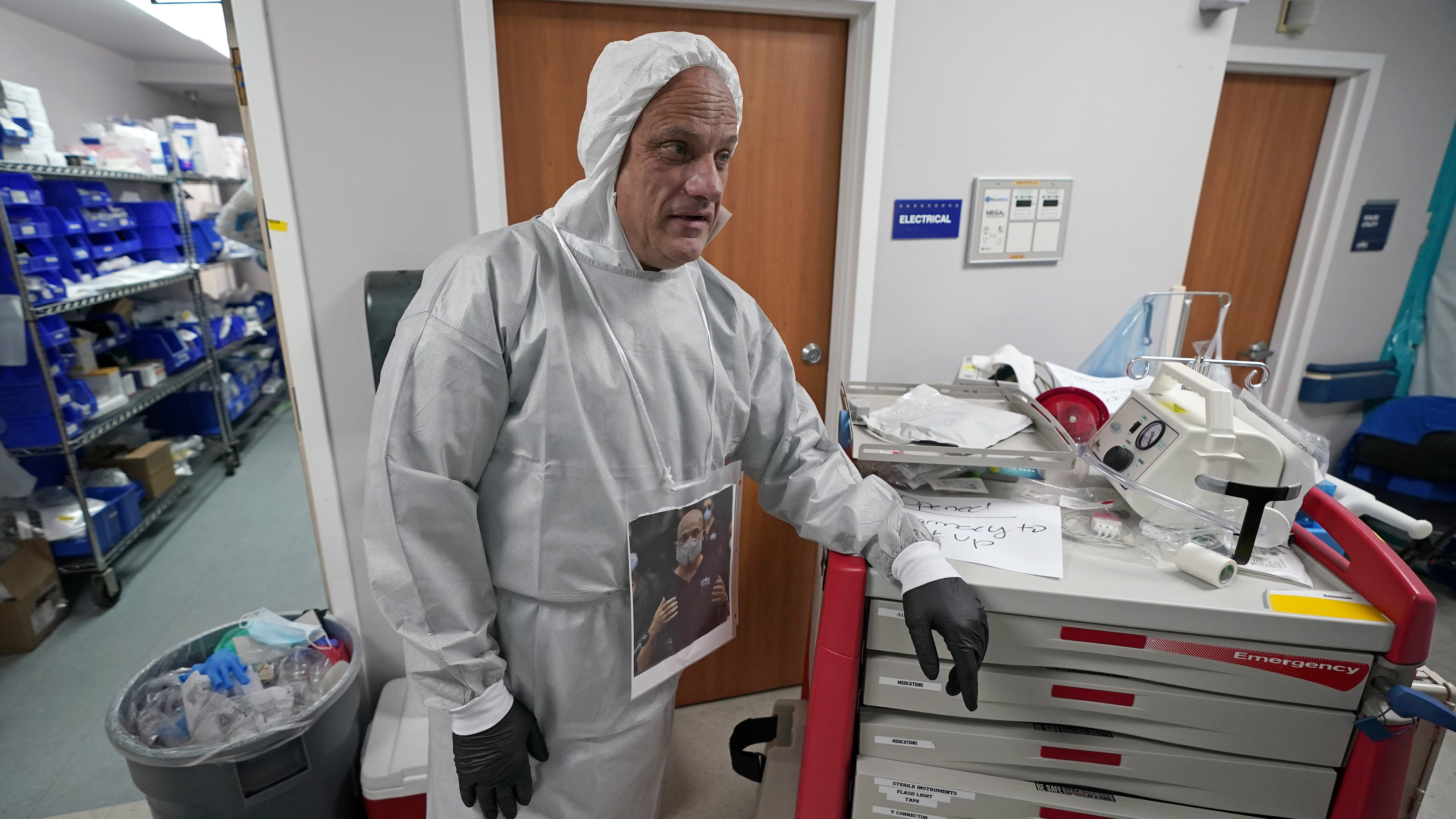 Dr. Joseph Varon leans on a medical cart inside the coronavirus unit at United Memorial Medical Center on July 6 in Houston.