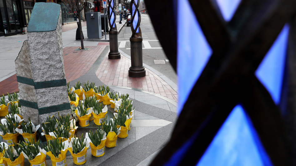 Flowers are placed at the memorial to the victims of the 2013 Boston Marathon bombings on April 20. (Maddie Meyer/Getty Images)